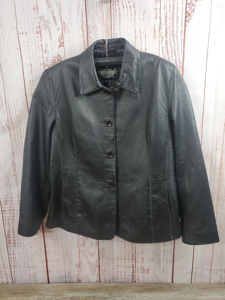 VTG Oscar Piel Jacket Womens XXL Black Leather Lined Coat Button Up 80s 90s Nice