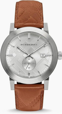 Authentic Burberry Silver Case Watch with Brown Leather and Beige Plaid Strap Burberry BU9357 - The City Men main image 4