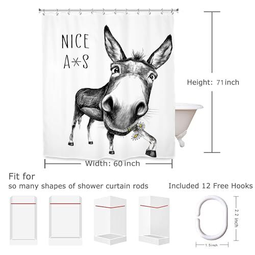 Funny Donkey Animal Bathroom Shower Curtain 60W by 71H Inch Farmhouse Rustic - Afbeelding 6 van 7