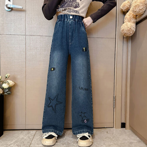 Kids Girls Jeans Pants Wide Leg Denim Pant High Waist Elastic Band Casual With