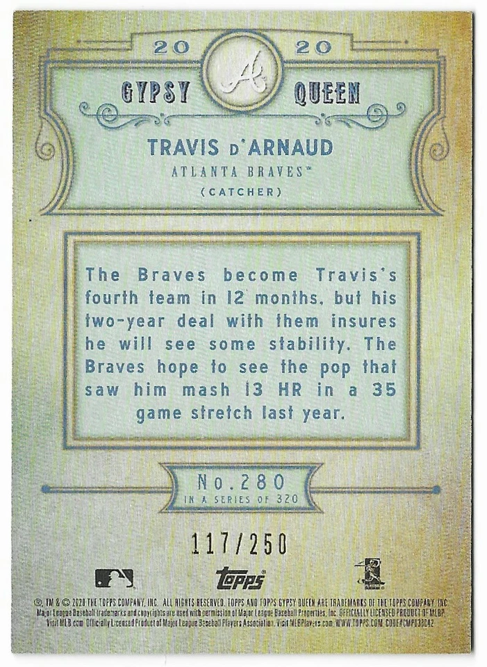 Travis d'Arnaud 2020 Topps Gypsy Queen Indigo #280 /250 ⚾ Braves Parallel Insert - Image 2 of 2