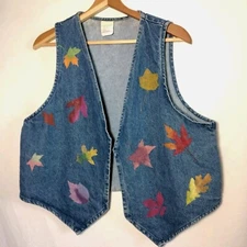 Upcycled Jean Vest Women One Size Blue Denim Painted Leaves Fall Autumn Leaf