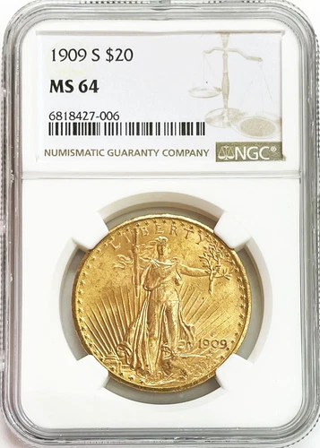 1909 S GOLD USA $20 SAINT GAUDENS DOUBLE EAGLE COIN NGC MINT STATE 64