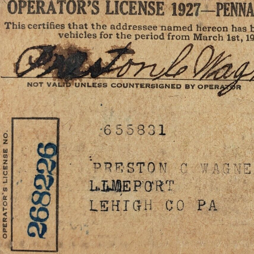 Limeport Driver's License Pennsylvania 1920s Operator Lehigh