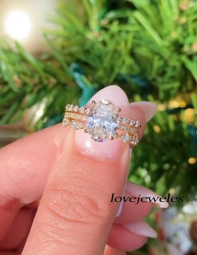 2.54CT Oval Lab-Created Diamond Women's Wedding Trio Ring Set 14K Yellow Gold FN - Picture 2 of 6
