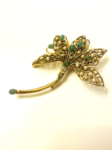 Alcozer and J .Flower Brooch with Faux Jade and Pearls Vintage Italy - Picture 2 of 6