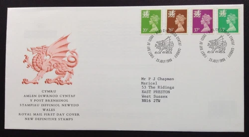 GB 1996 20p 26p 37p 63p Wales Regional Definitives on First Day Cover, Cardiff