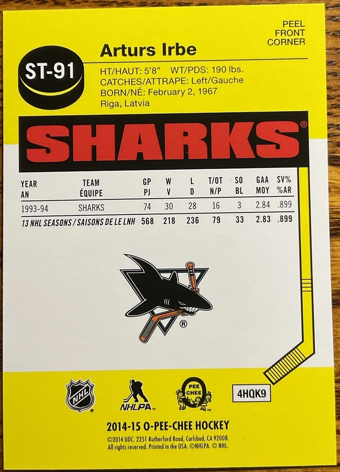 2014-15 O-Pee-Chee Stickers Arturs Irbe #ST-91 San Jose Sharks - Image 2 of 2