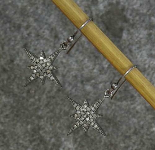 Pave Diamond Star Burst Earring 925 Silver Diamond Birthday Charm Earring Gift. - Picture 7 of 12