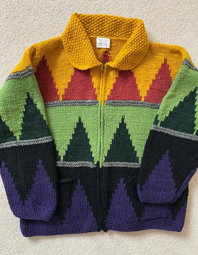 Vintage Chunky Handknit Zipped Jacket 100% Wool Ecuador Size L - Picture 9 of 10