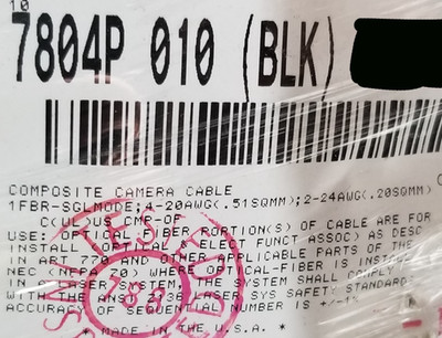 Belden 7804P SMPTE 311M Plenum Composite HDTV Fiber Optic Camera Cable Blk /10ft