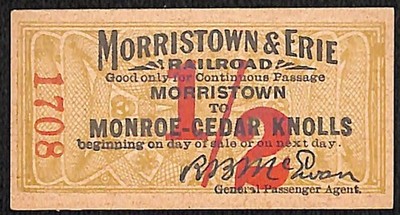 Morristown & Erie Railroad 1/2 Fare Ticket Monroe-Cedar Knolls c1910-28 #1708