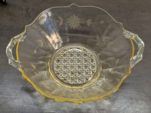 Vtg. Lancaster Topaz Yellow Depression Glass Handled Bowl Jubilee Etched Floral