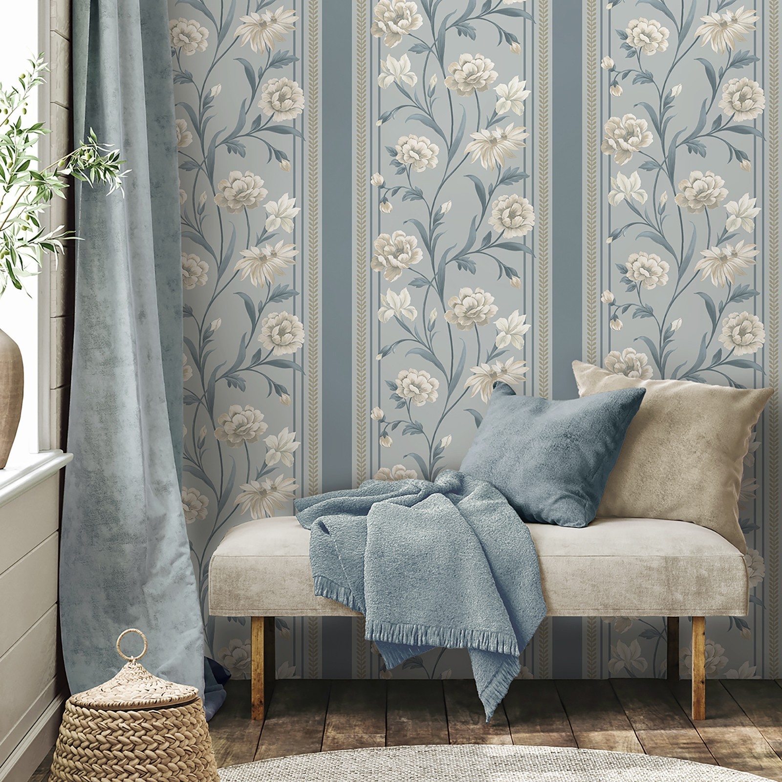 Blue Cream Floral Wallpaper Panel Effect Smooth Flat Finish Feature Wall Bedroom