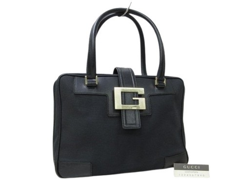 GUCCI Hand Bag G Logo Canvas   Leather 001-5155 Gold Hardware Black Shoulder 166