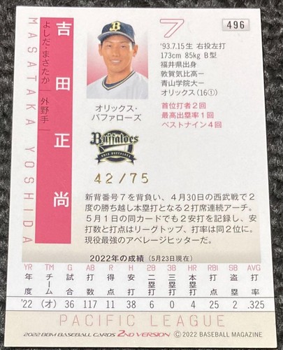 2022 BBM the strongest average hitter Masataka Yoshida Buffaloes Auto /75 #496 - Picture 6 of 24
