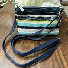 Thirty-One Striped Crossbody Wallet Purse Navy Aqua Lime Travel Organizer
