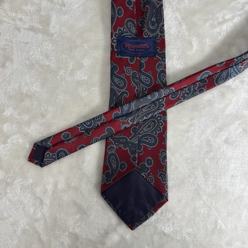 Rhynecliffe Silk Men's Necktie USA Deep Red with Blue, Brown, Gray Paisleys Pat. - Picture 6 of 6