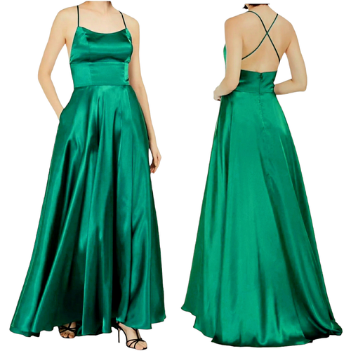 Aqua Evening Gown Maxi Dress 10 Women Green Satin Crossback Spaghetti Strap USA
