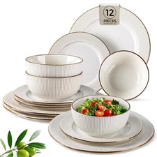 Ceramic Dinnerware Sets,12 pcs Embossed Elegant Stoneware Plates and Bowls Se...
