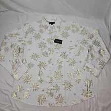 Barry Wang Long Sleeve Christmas Shirt XXL White with Gold Print 20% Silk