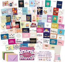 80 Unique Happy Birthday Cards Bulk Set 5x7 Assorted Envelopes Stickers Racrico