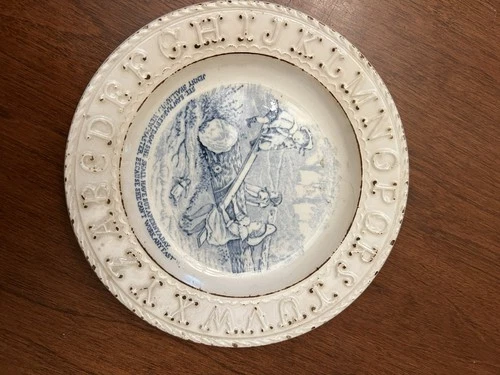 Antique Staffordshire Milk Glass ABC Plate Blue White Transfer Children & Seesaw