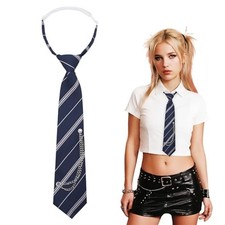 Striped Ties for Women Kids, Pre-tied Womens Tie with Metal Navy White Striped