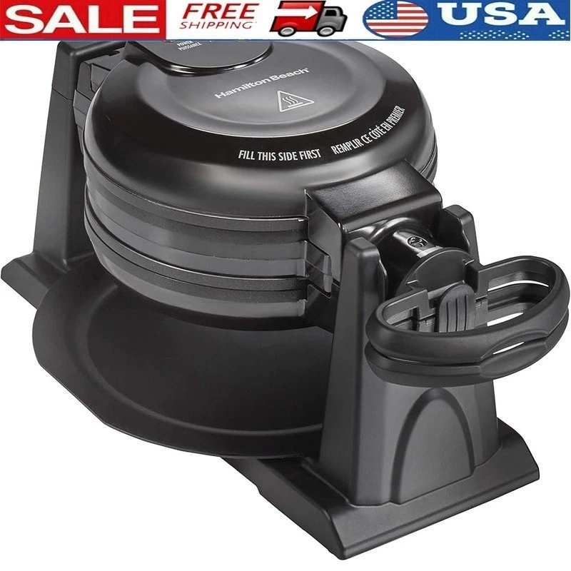 Flipping Belgian Waffle Maker Nonstick Grids Cooks 2 Waffles Quickly 1300W Black