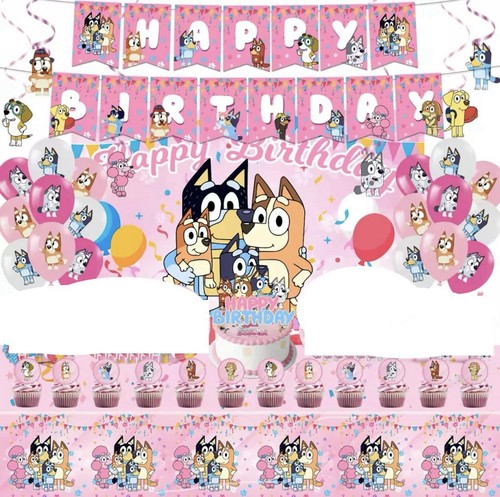 Bluey Birthday Party Supplies 52pcs-Banner Balloons Cake Toppers Kids Party-PINK