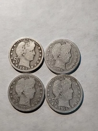 Lot of 4 Barber Quarters 1905 P 1908 PO 1909 P 90% Silver Good+ #B71