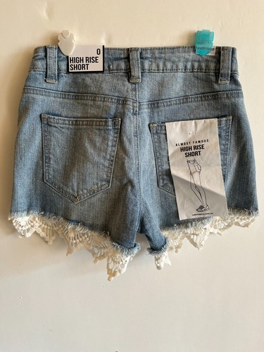 Almost Famous High Rise Blue Distressed Size O Cotton Denim Lace Trim Shorts - Picture 2 of 7