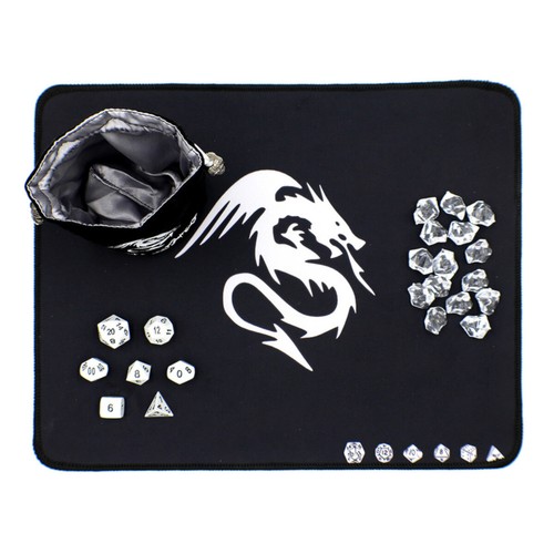 DnD Rollenspiel Metall Würfel Set mit Spielmatte, Würfeltasche und Zähler - Weiß - Bild 2 von 6