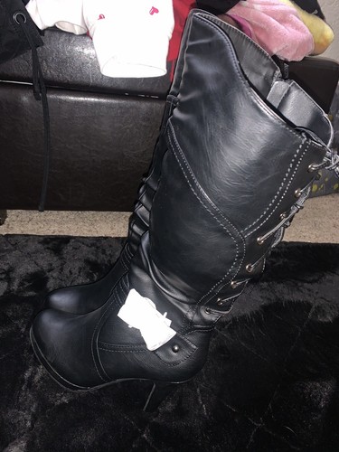 TOP Moda Womens Black Knee High Round Toe Lace-Up Slouched High Heel Boots 6.5 - Picture 2 of 9