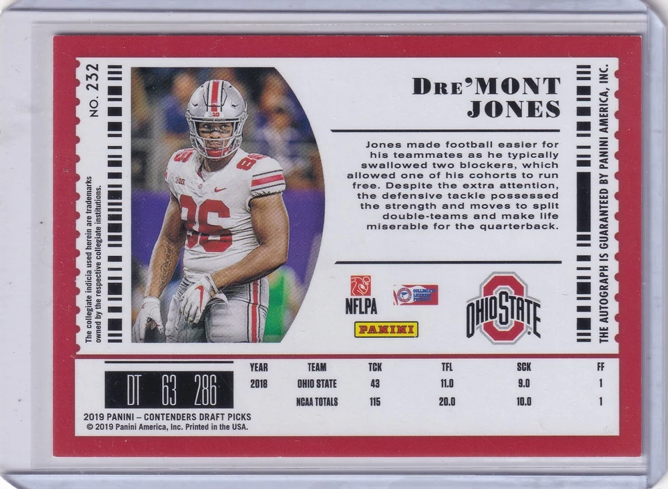 Dre'Mont Jones 2019 Panini Contenders Draft Picks Playoff Ticket Rc Auto (10/18) - Image 2 of 2