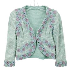 Vintage Embroidered Mint Green Purple Knit Open Blazer Jacket Size SMALL