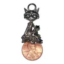 Vtg USA Mark Elliot Schwabe Cat Pendant Green Birthstone Rhinestone Lucky Penny