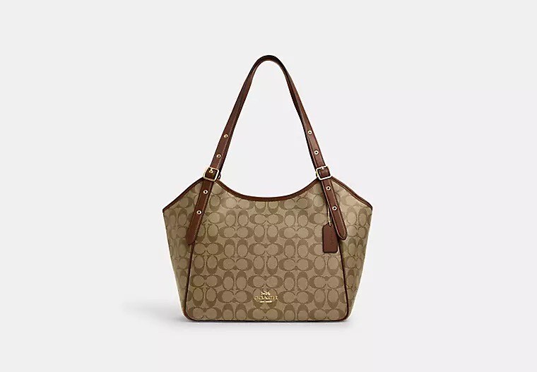 バッグ COACH Signature Shoulder Bag Brown Lea COACH Signature Canvas/Leather MEADOW Shoulder Bag~KHAKI/SADDLE 2