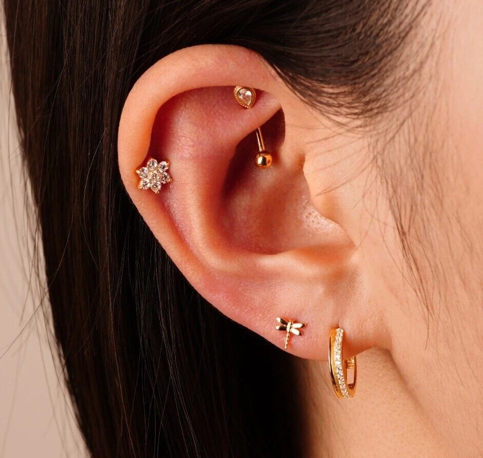 Pendientes barra lágrima oro macizo 14K circonita cúbica cejas cuerpo piercing joyería calibre 16 Foto 2 de 2