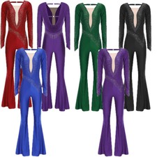 Womens Dancewear Mesh Rompers Ruched Jumpsuit Party Dance Competition Glittery