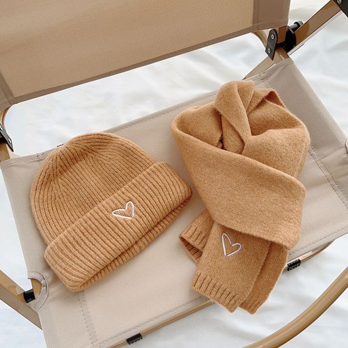 Love Embroidery Children Beanies Scarves Solid Color Crochet Hat with Scarf - Picture 14 of 18