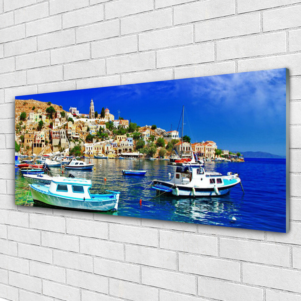 Tableau verre acrylique paysage bateaux ville mer décoration murale moderne 125x50