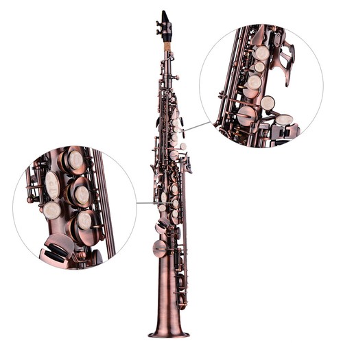 Saxofón soprano recto latón niquelado Bb saxo tallado patrón saxo kit Q3G6 - Imagen 4 de 11