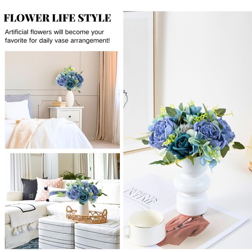 Blue Artificial Peonies Fake Peony Flowers Silk Roses Faux Floral Centerpiece... - Picture 6 of 7