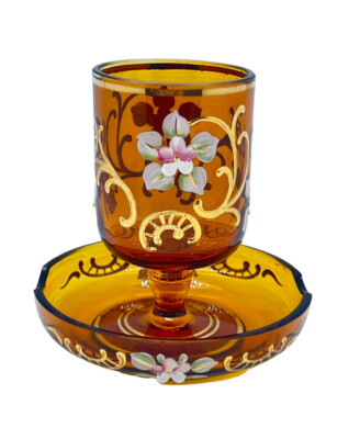 Vintage Hand Painted Floral Bohemian Amber Glass Ashtray and Cigarette  Holder