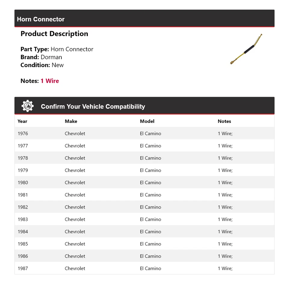Conector bocina para Chevrolet El Camino Dorman 1976-1987 1977 1978 1979 1980 1981 Foto 2 de 4