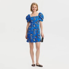 Women's Puff Short Sleeve Mini Babydoll Dress - A New Day Blue Floral XS