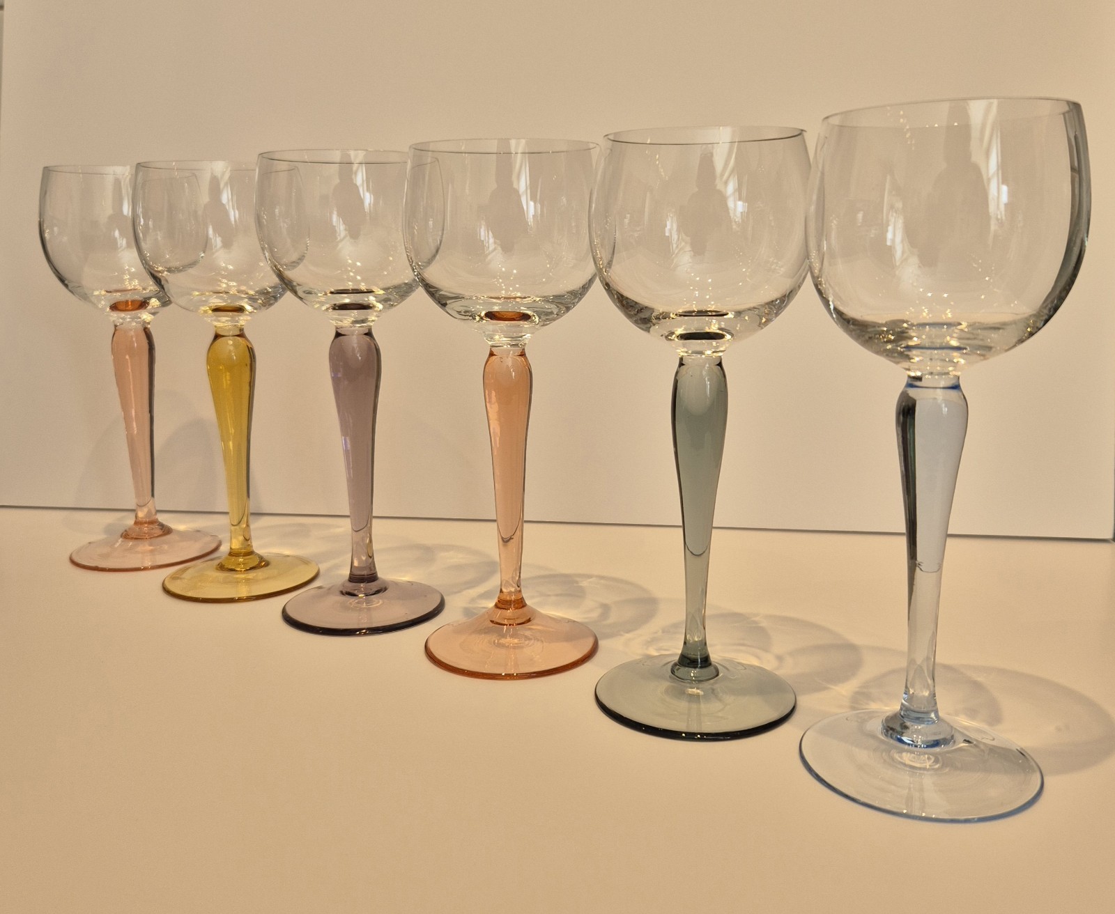Six Retro Vintage Luminarc Harlequin Pastel Coloured Stem Hock Wine Glasses x 6