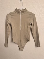 Beige Long Sleeve Zip Front One Piece Bodysuit Solid Opaque Women's Size Small