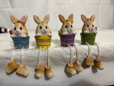 Easter Bunny Rabbit Figurine Set of 4 Resin Shelf Sitters. Flower Pot Feet Hang